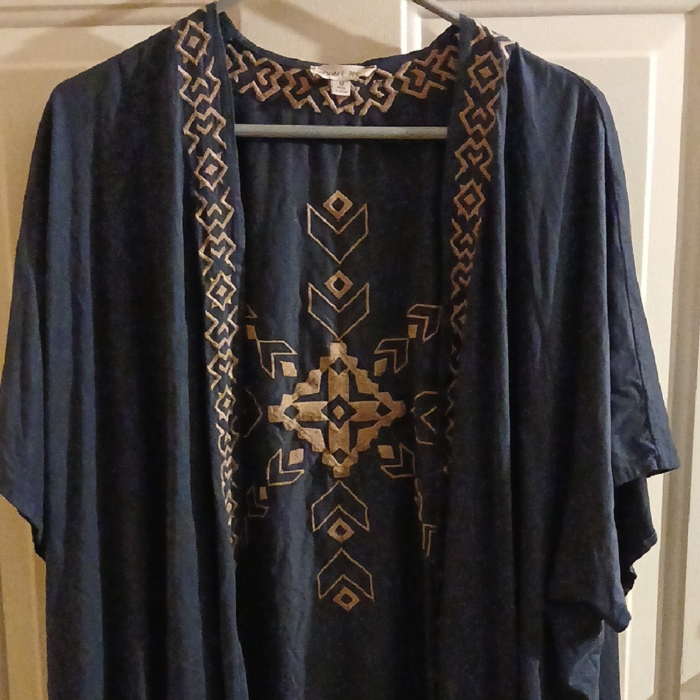 Double Zero Navy Kimono with Tan Embroidery